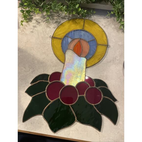 Vintage Stained Glass Christmas Window Leaded Glass Light Catcher Candle Large - Picture 5 of 8